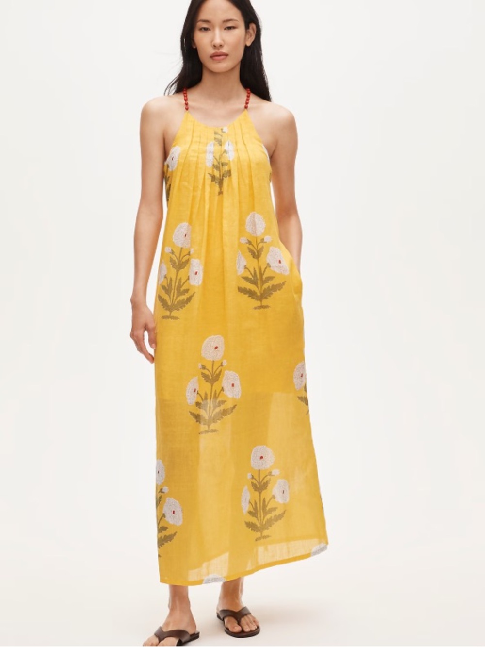 J crew rich saffron Beaded-strap dress in marigold block-print ramie